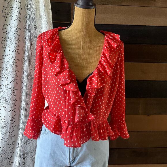 Modern Gap Red & Off White Polka Dot Ruffled Tie Front Blouse - Picture 6 of 14